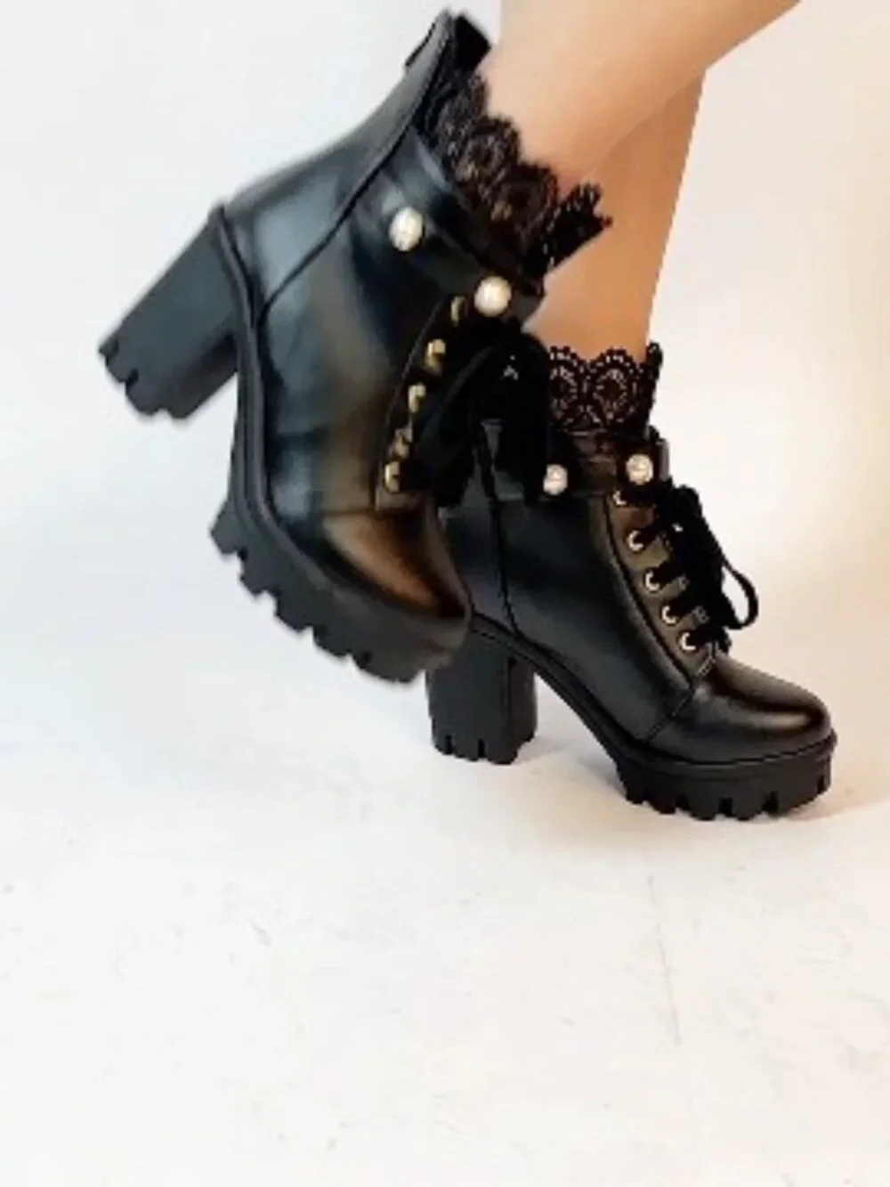 Chunky Platform Combat Ankle Boots with Lace and Buckle Side Zip